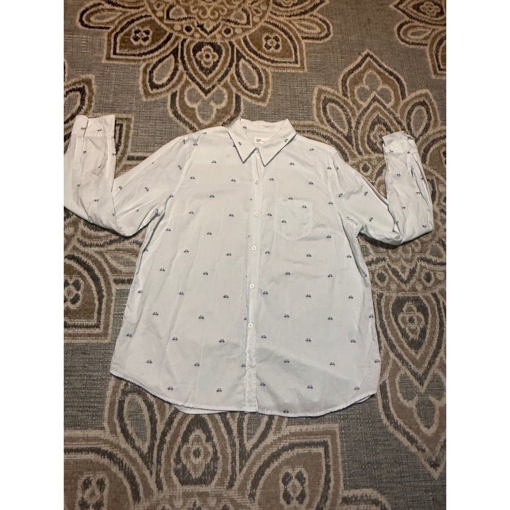 Gap Womens XL Boyfriend Fit Button Down Shirt Blue Pinstripe Bicycle Print L/S